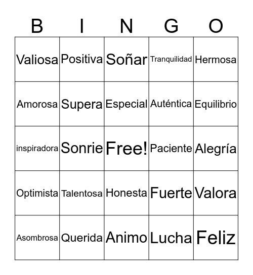 Palabras Positivas Bingo Card