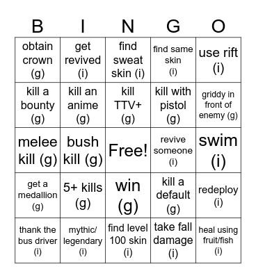 Fortnite Player Bingo Card
