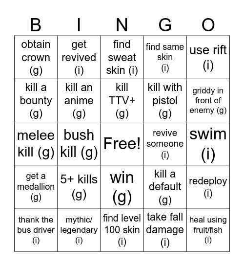 Fortnite Player Bingo Card