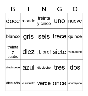 Color and Number Bingo Card