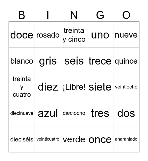 Color and Number Bingo Card