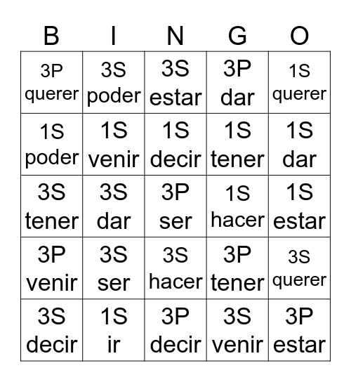 Pretérito indefinido  ( passé simple) Bingo Card