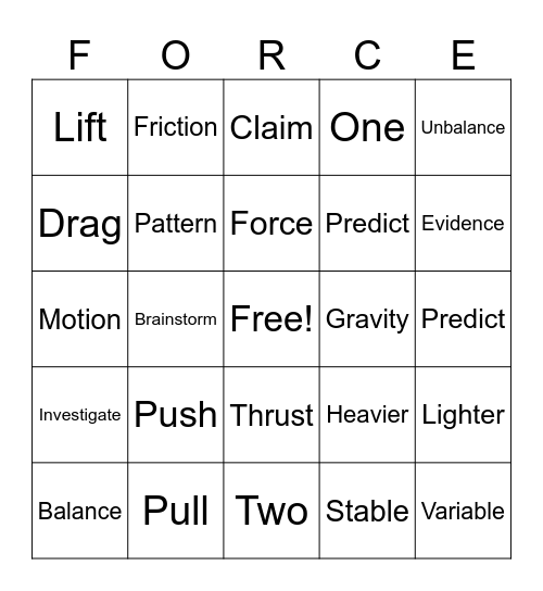 Force and Motion Bingo Card