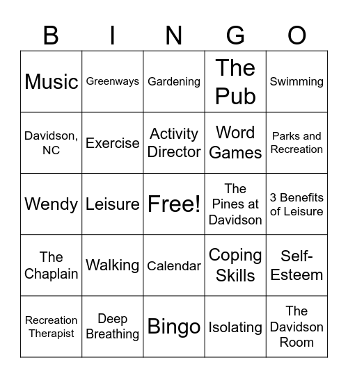 Leisure Bingo Card