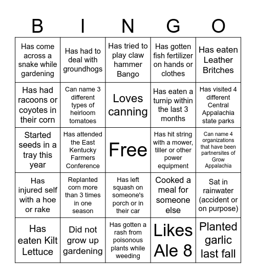 Appalachia Bingo Card