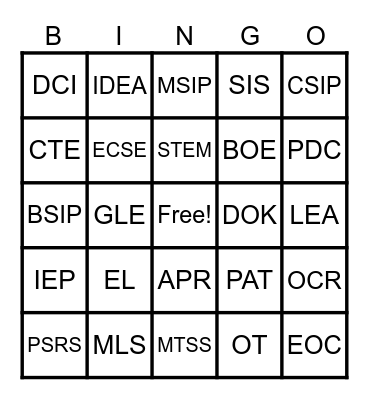 Education Acronyms Bingo Card