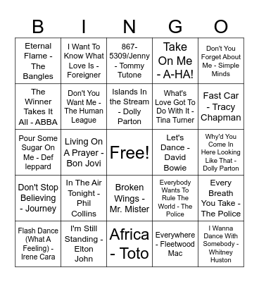 1980's Music Bingo Card