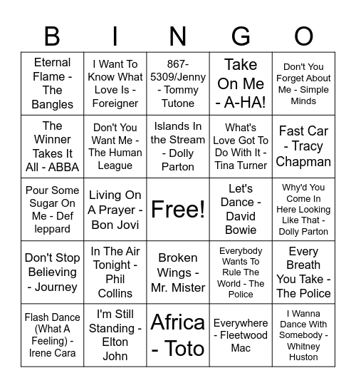 1980's Music Bingo Card