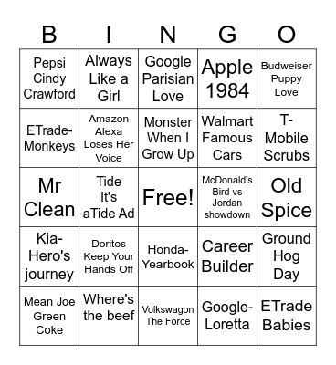 Super Bowl Commercial Bingo Card
