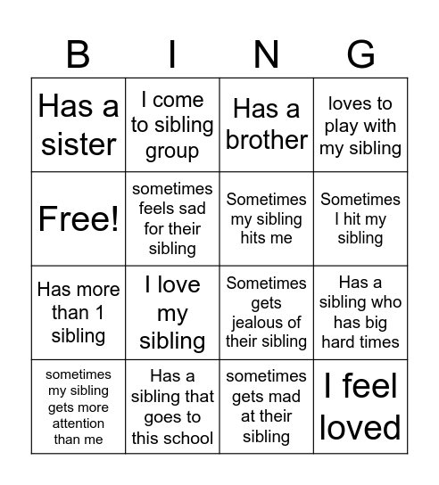 Sibling Group Bingo Card