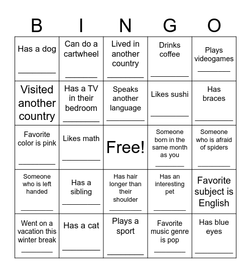 Get to Know You Bingo Card