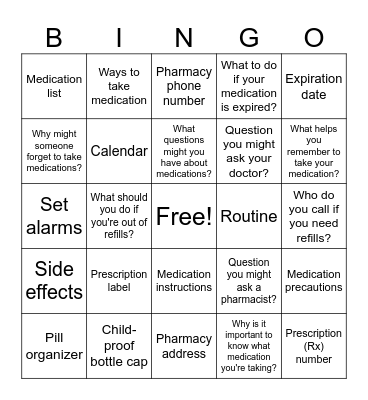 Medication Education Bingo Card