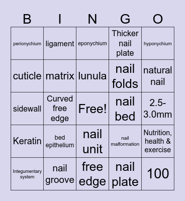 Nail Structure & Growth Bingo Card