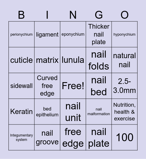 Nail Structure & Growth Bingo Card