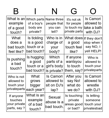Good Touch, Bad Touch Bingo Card