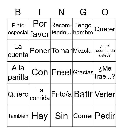 La Comida y El Restaurante  Bingo Card