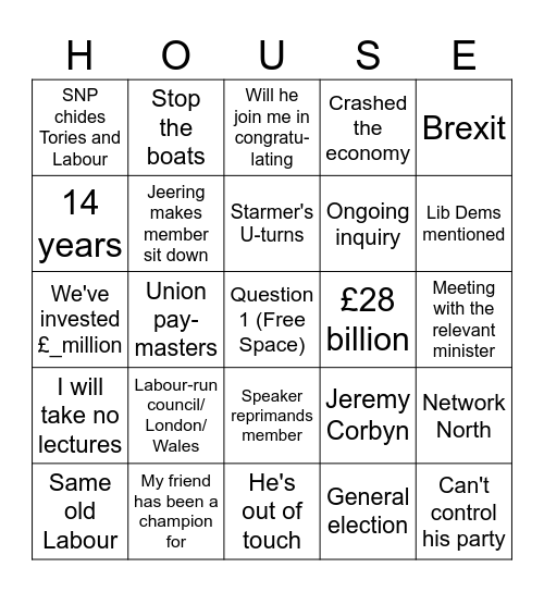 PMQs Bingo Card