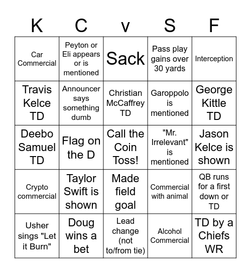 Super Bowl LVIII Bingo Card