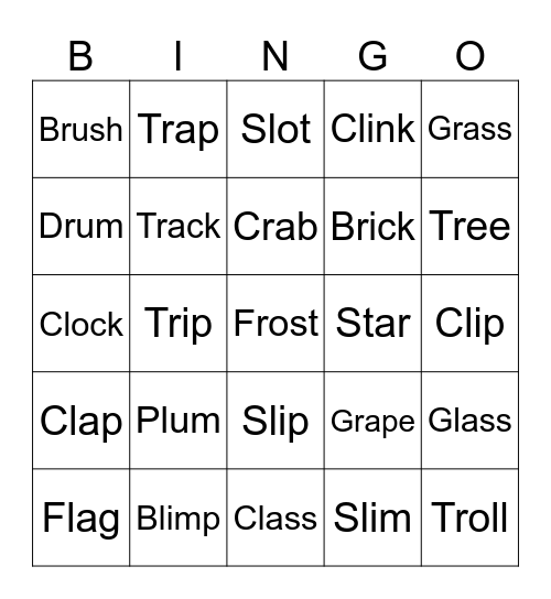 Letter L and Letter R Blends Bingo Card