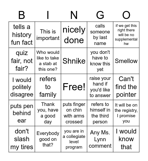 Filly bingo Card