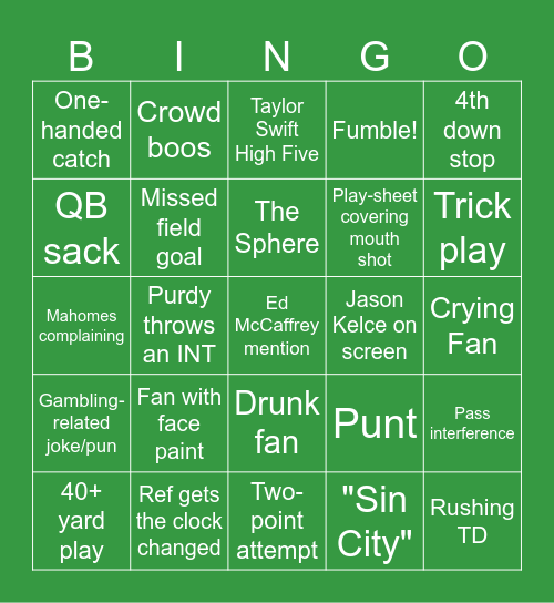 Superbowl LVIII Bingo Card