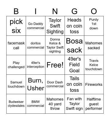 Super Bowl Bingo Card