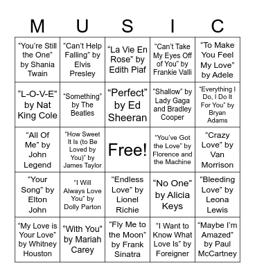 Valentines Music BINGO Card