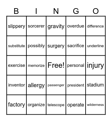 3 Syllable Words Bingo Card