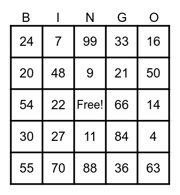 Multiplication Bingo Card