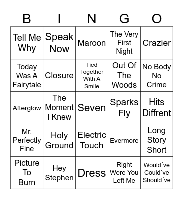 Suprise Songs Bingo Card