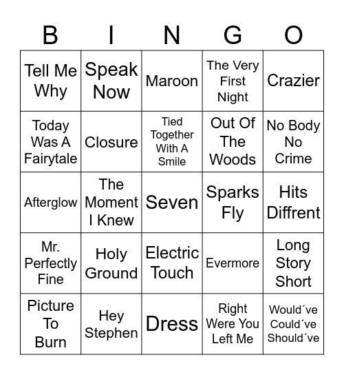 Suprise Songs Bingo Card
