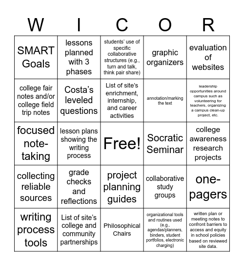 WICOR Bingo (staff meeting version) Bingo Card