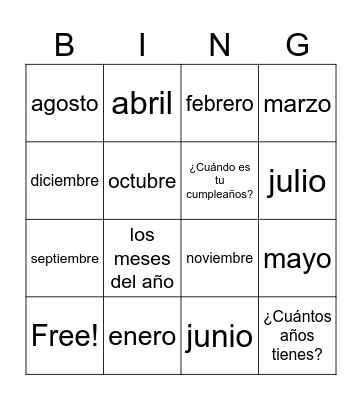 Los meses del año Bingo Card
