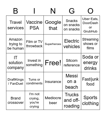 Super Bowl Commercial Bingo Card