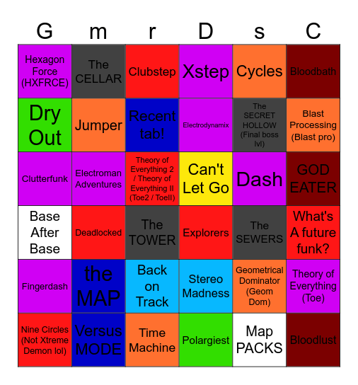 All levels in gd Bingo Card