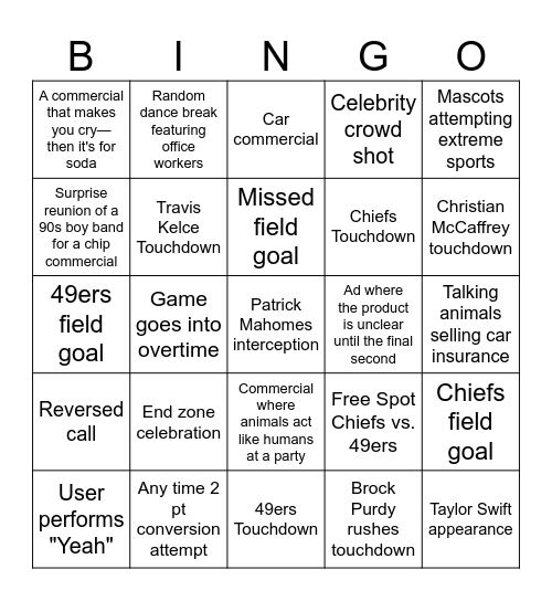 SUPER BOWL 2024 Bingo Card