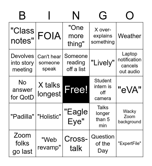 UC Meeting Bingo Card