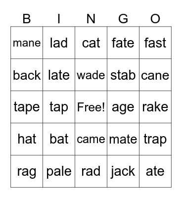 Short & Long a Bingo Card