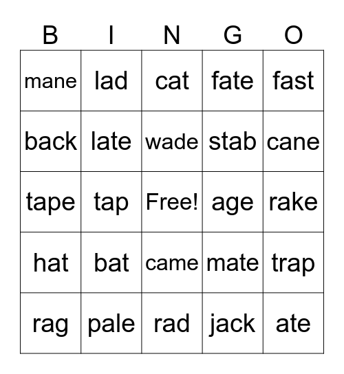 Short & Long a Bingo Card