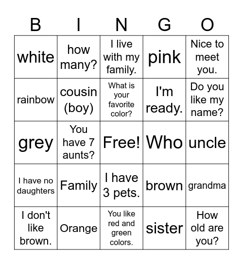 color/family review Bingo Card