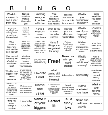 Recovery Bingo! Bingo Card