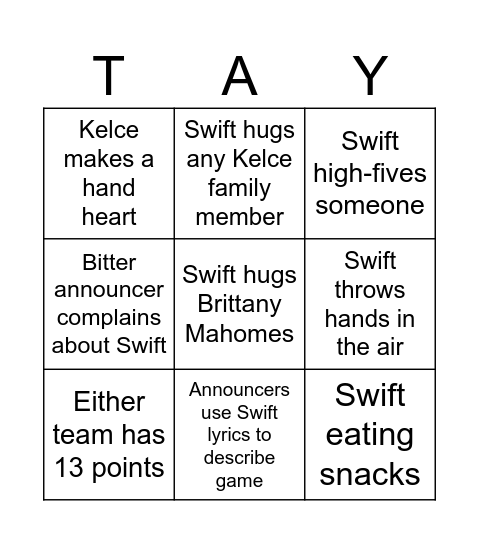 SB58 (Taylor's Version) Bingo Card