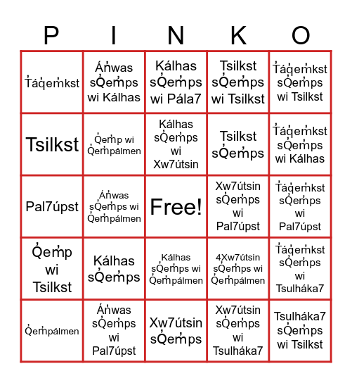 St̓át̓imcets Pinko 1-75 Bingo Card