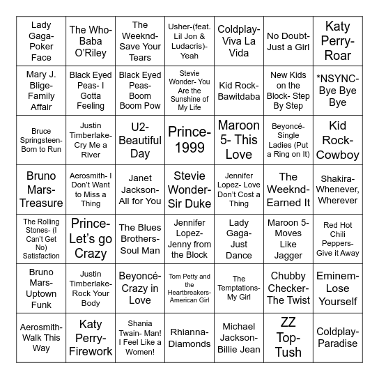 Total-Quiz.com Presents: Radio Bingo Super Bowl Halftime Show Bingo Card