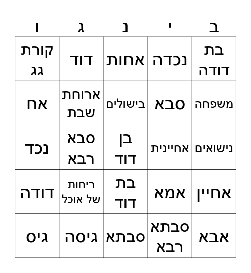 יום המשפחה שמח Bingo Card