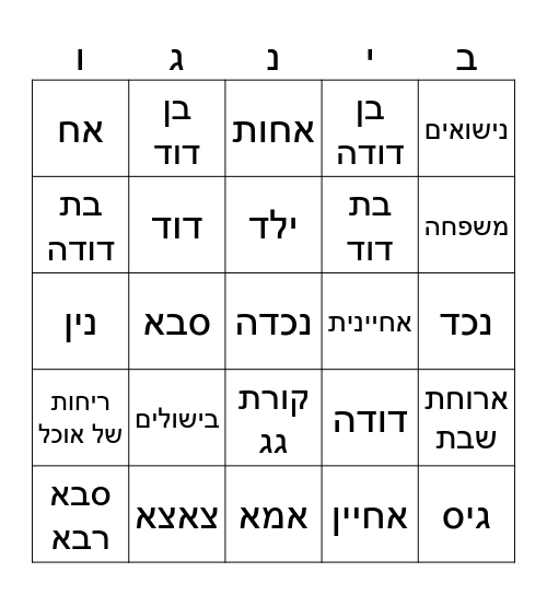 יום המשפחה שמח Bingo Card