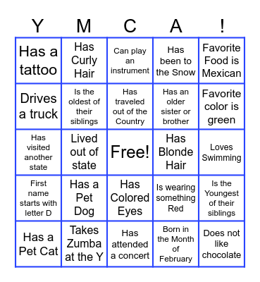 YMCA Bingo Card