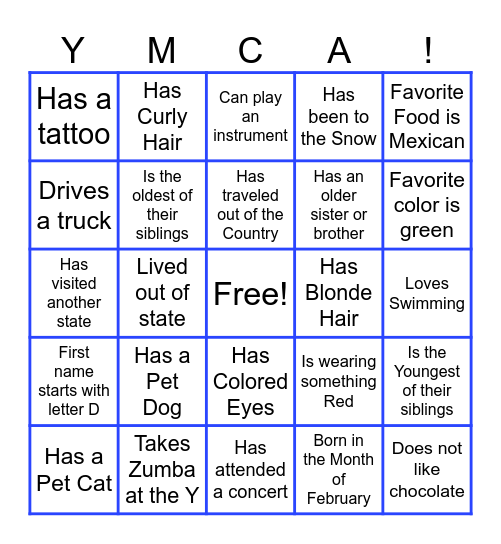 YMCA Bingo Card