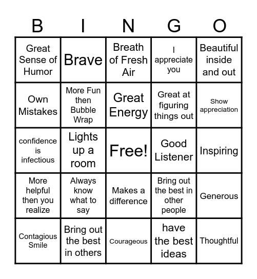 Compliment Bingo Card