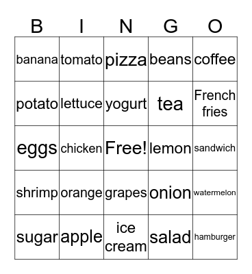 Food Bingo Card